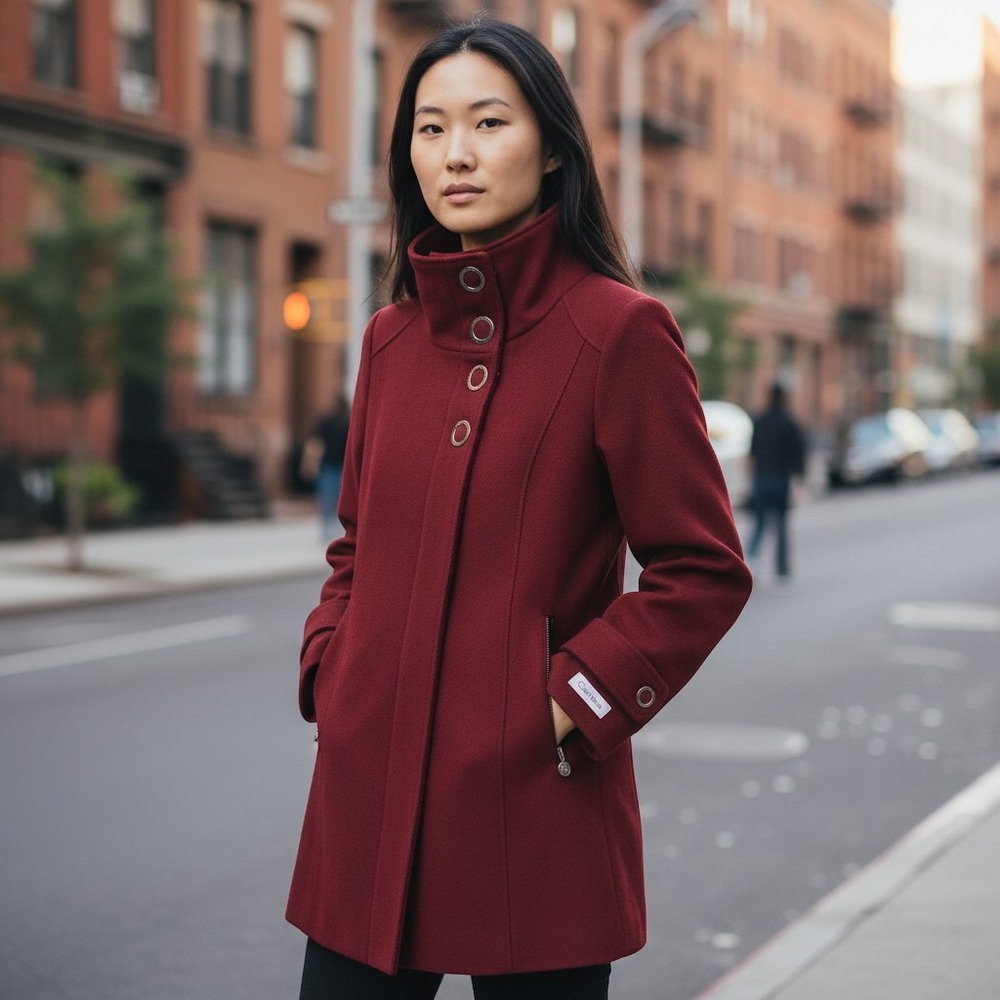 Calvin Klein Red Wool Blend Funnel Neck Pea Coat Womens 10